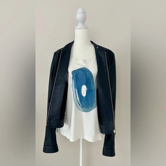 Cropped, indigo blue, perforated leather jacket - Picture 5 of 16